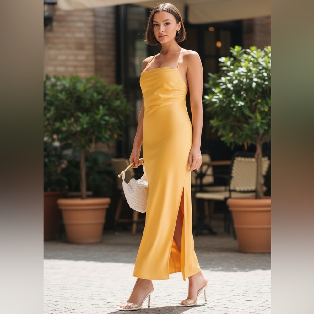 Sydney Yellow Satin Straight Neck Slip Maxi Dress Size Medium